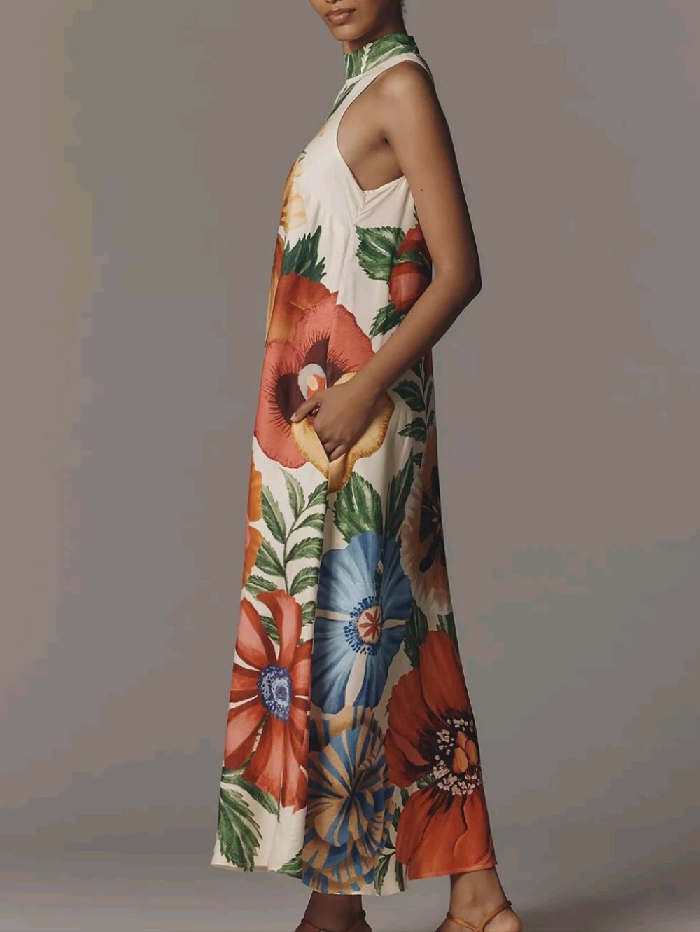 Farm Rio Floral Maxi Halter Dress in Cream with Multicolor Blooms - Picture 2 of 3